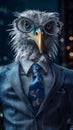 Seagull dressed in an elegant suit with a nice tie, wearing glasses