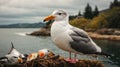 Seagull with fish in its beak stands on the background of nature Royalty Free Stock Photo