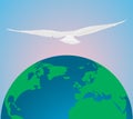 A Seagull flies over the Earth the background of the morning sky. Poster for the day or hour of the Earth. Royalty Free Stock Photo