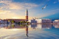 Seagull flies by San Marco and Doge's Palace at sunset, Venice, Italy Royalty Free Stock Photo