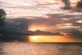 Seagull Flying in Fiery Sunrise over the Caribbean Sea, Mexico Royalty Free Stock Photo