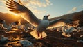 Seagull flying, freedom in nature, spread wings, tranquil coastline, sunset generated by AI Royalty Free Stock Photo