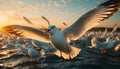 Seagull flying freely in nature, wings spread, against sunset backdrop generated by AI Royalty Free Stock Photo