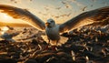 Seagull flying freely in nature, wings spread, sunset over coastline generated by AI Royalty Free Stock Photo