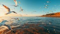 Seagull flying freely over blue water at sunset, embracing summer generated by AI Royalty Free Stock Photo