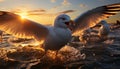 Seagull flying freely, reflecting heaven beauty in tranquil sunrise generated by AI Royalty Free Stock Photo