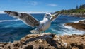 Seagull flying freely, spreading wings, enjoying nature beauty by the coastline generated by AI Royalty Free Stock Photo