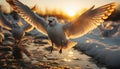 Seagull flying freely in the sunset golden light generated by AI Royalty Free Stock Photo