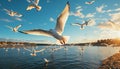 Seagull flying freely, wings spread, in nature tranquil blue generated by AI Royalty Free Stock Photo