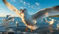 Seagull flying freely, wings spread, in nature tranquil sunset generated by AI Royalty Free Stock Photo