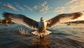 Seagull flying freely, wings spread, in nature tranquil sunset generated by AI Royalty Free Stock Photo