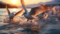 Seagull flying freely, wings spread, reflecting peace in tranquil sunset generated by AI Royalty Free Stock Photo