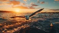 Seagull flying freely, wings spread, sunset reflects on tranquil sea generated by AI Royalty Free Stock Photo
