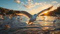 Seagull flying freely, wings spread, in tranquil sunset over water generated by AI Royalty Free Stock Photo