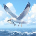 A seagull is flying and has a fish in its beak blue sky blure background with clouds. ai generative Royalty Free Stock Photo