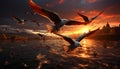 Seagull flying in nature, sunset outdoors, animals in the wild generated by AI Royalty Free Stock Photo