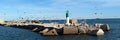 Seagull flying over a breakwater