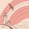 Seagull Flying Over Lighthouse and Rainbow Royalty Free Stock Photo