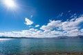 Beautiful scenery of Pangong Tso lake with  blue sky  white clouds in China side Royalty Free Stock Photo