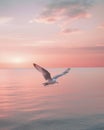 Seagull flying over the sea at sunset. 3d render Royalty Free Stock Photo