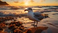 Seagull flying over tranquil sea, sunset reflecting on water generated by AI Royalty Free Stock Photo