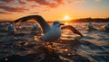 Seagull flying over the tranquil sea at sunset, spreading wings generated by AI Royalty Free Stock Photo