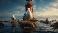 Seagull flying over tranquil water, sunset paints nautical beauty generated by AI Royalty Free Stock Photo