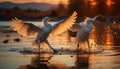 Seagull flying over tranquil water, wings spread, sunset reflection generated by AI Royalty Free Stock Photo