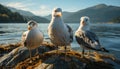 Seagull flying over water, coastline, and mountains in beautiful nature generated by AI Royalty Free Stock Photo