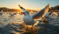 Seagull flying over water, nature beauty in tranquil sunset generated by AI Royalty Free Stock Photo