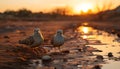 Seagull flying over water, sunset golden reflection on tranquil sea generated by AI Royalty Free Stock Photo