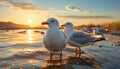 Seagull flying over water, sunset reflects beauty in nature generated by AI Royalty Free Stock Photo