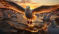 Seagull flying over water, sunset reflects beauty in nature generated by AI Royalty Free Stock Photo