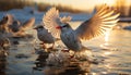 Seagull flying over water, sunset reflects on spread wings generated by AI Royalty Free Stock Photo