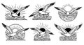 Seagull Flying Over Waves with Sunburst - Set of Illustrations Royalty Free Stock Photo