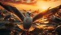 Seagull flying, sunset beak, feather, freedom, spread wings, water, sunlight generated by AI Royalty Free Stock Photo