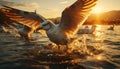 Seagull flying, sunset reflection on tranquil sea, nature beauty generated by AI Royalty Free Stock Photo