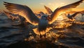 Seagull flying, sunset reflection on water, freedom in nature beauty generated by AI Royalty Free Stock Photo