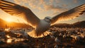 Seagull flying, sunset, spread wings, coastline, beauty in nature generated by AI Royalty Free Stock Photo