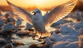 Seagull flying in sunset, spreading wings in freedom generated by AI Royalty Free Stock Photo