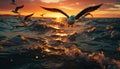 Seagull flying, sunset, water wave, blue sky, beauty in nature generated by AI Royalty Free Stock Photo