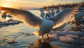 Seagull flying at sunset, wings spread, reflecting on tranquil water generated by AI Royalty Free Stock Photo