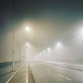 Foggy road with street lights