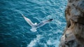 A seagull glides gracefully over the vibrant blue ocean waves next to rugged cliffs Royalty Free Stock Photo
