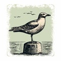 Vintage Seagull Illustration With Bold Block Prints And Victorian-inspired Style