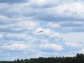 Seagull Mew Bird Flying at Background of Dark Storm Clouds on the Sky Royalty Free Stock Photo