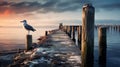 Seagull Perched On Wooden Dock At Sunset - Atmospheric And Moody Landscape Photo