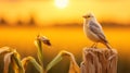 Happy Seagull Poses On Farm Fence Post With Lush Cornfield Background Royalty Free Stock Photo