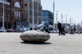 Seagull perched on a large, round stone in the middle of a street in Blackpool, England