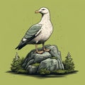 Seagull Perched On Rock - Detailed Vector Illustration